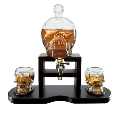 Skull Skeleton Wine & Whiskey Decanter Set 750 mL With 2 Skull 3oz Skeletons Shot Glasses + Mahogany Wooden Base & Pouring Spigot Decor Glass, Goth Spooky Drinking Glassware The Wine Savant-2